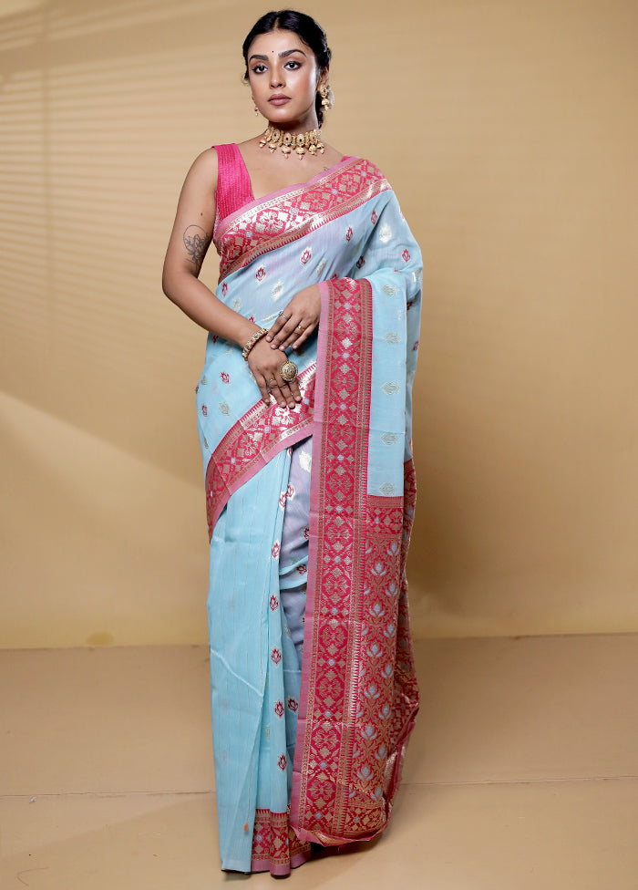 Blue Kora Silk Saree With Blouse Piece