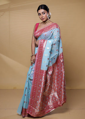 Blue Kora Silk Saree With Blouse Piece