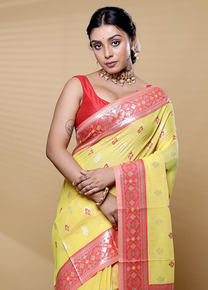 Yellow Kora Silk Saree With Blouse Piece