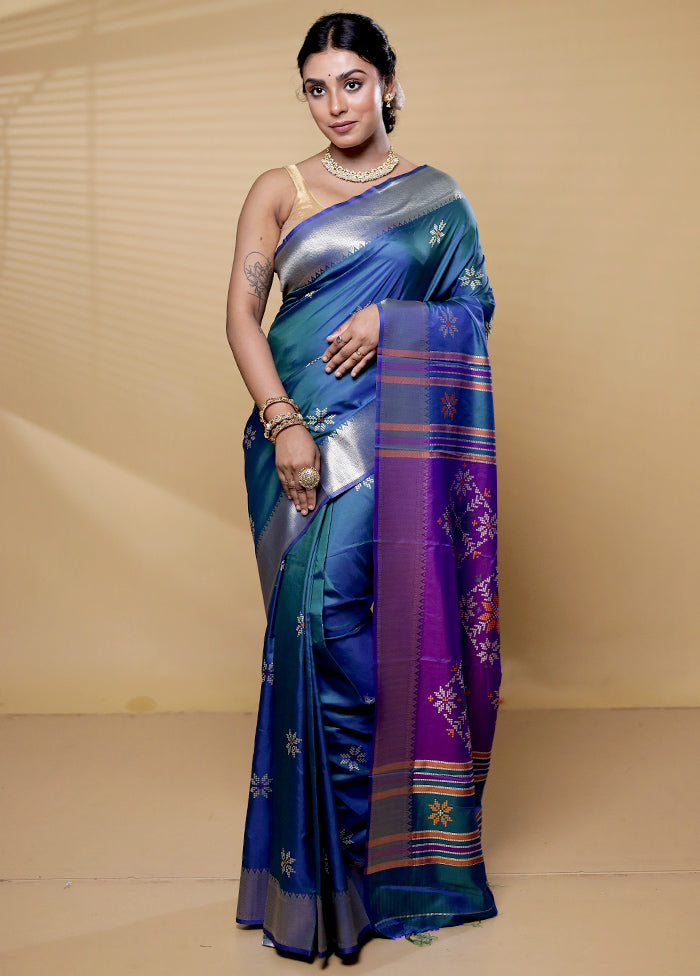 Blue Dupion Silk Saree With Blouse Piece