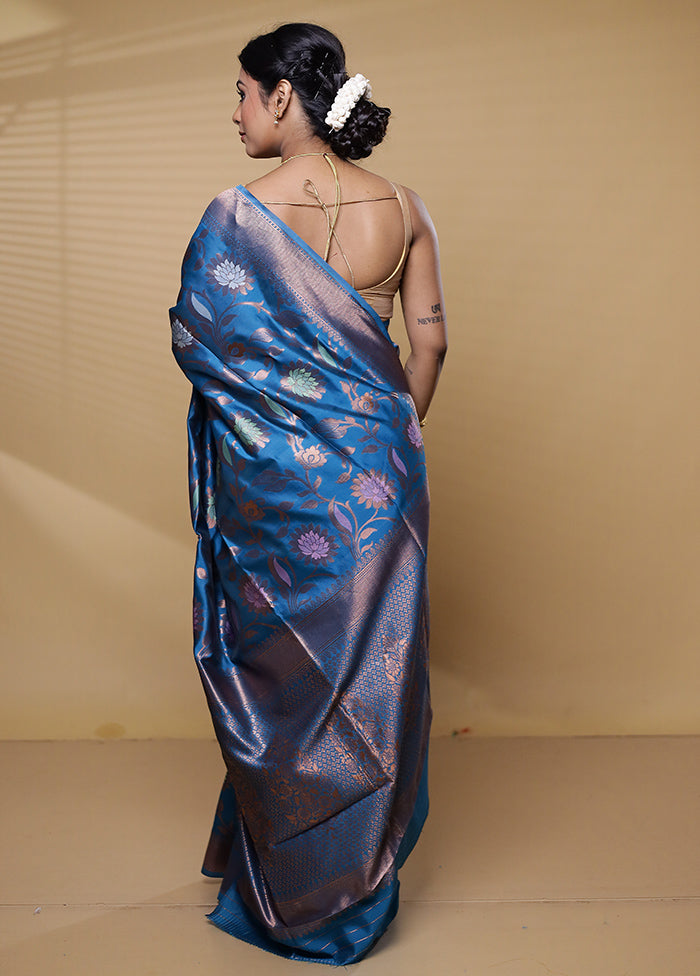 Blue Dupion Silk Saree With Blouse Piece