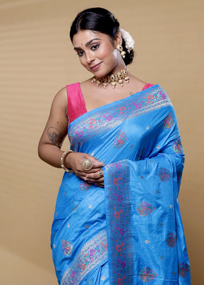 Blue Dupion Silk Saree With Blouse Piece