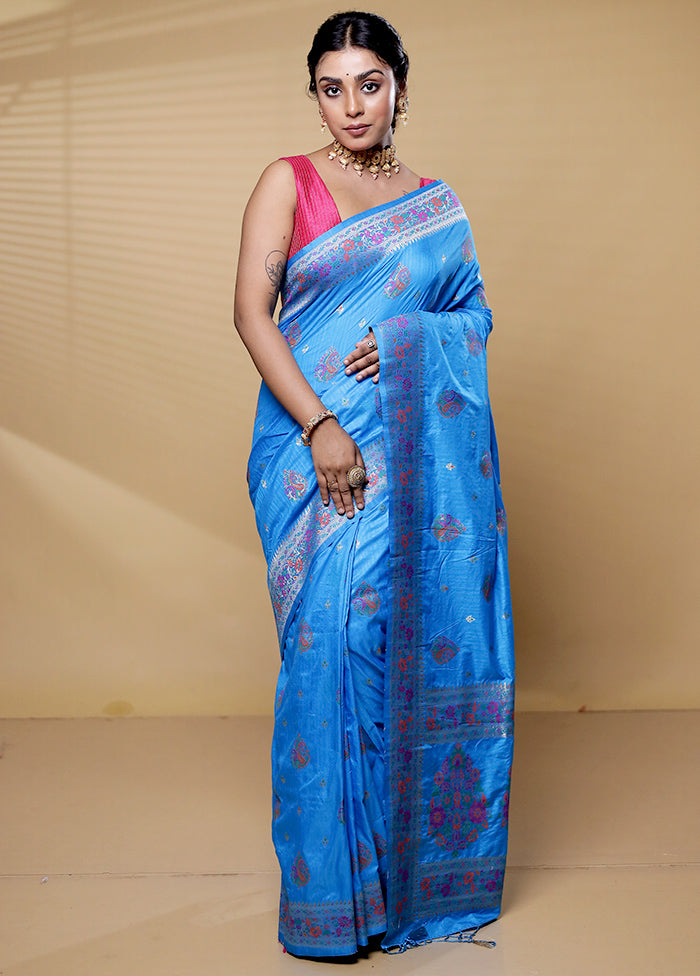 Blue Dupion Silk Saree With Blouse Piece