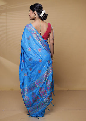 Blue Dupion Silk Saree With Blouse Piece