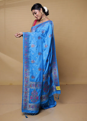 Blue Dupion Silk Saree With Blouse Piece