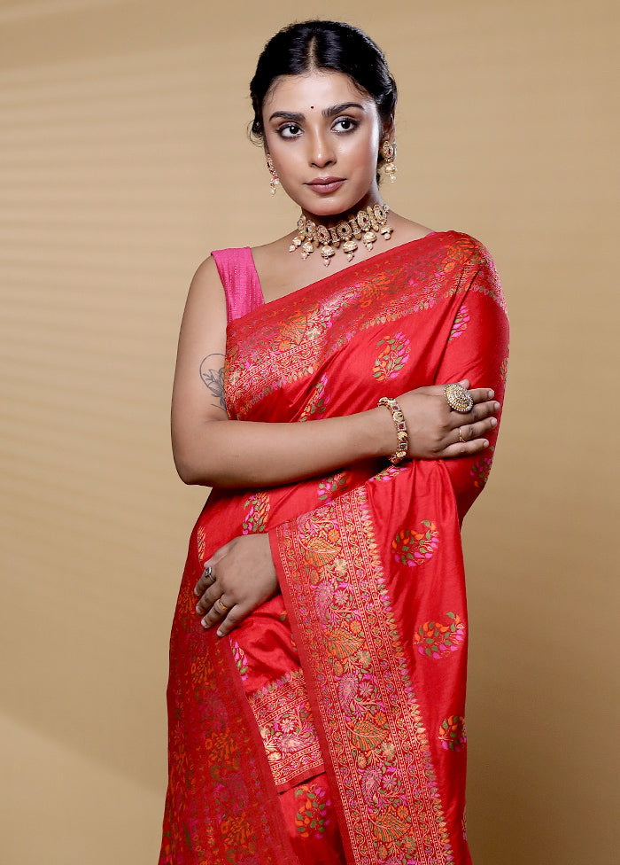 Red Dupion Silk Saree With Blouse Piece