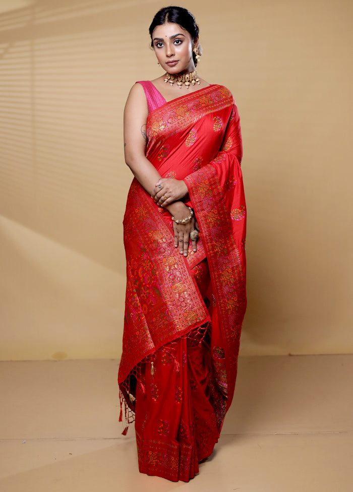 Red Dupion Silk Saree With Blouse Piece