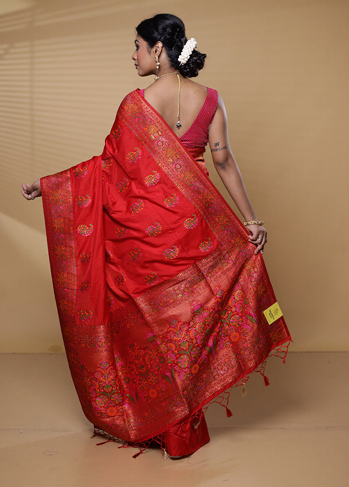 Red Dupion Silk Saree With Blouse Piece