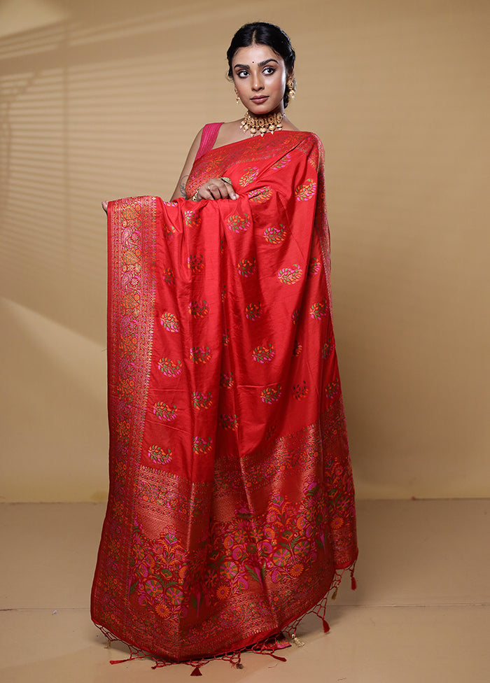 Red Dupion Silk Saree With Blouse Piece