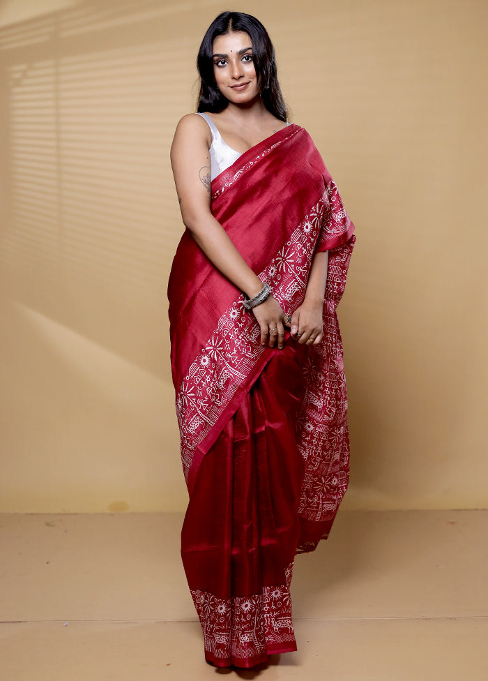 Maroon Printed Pure Silk Saree Without Blouse Piece