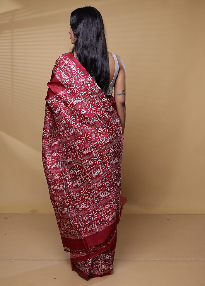 Maroon Printed Pure Silk Saree Without Blouse Piece