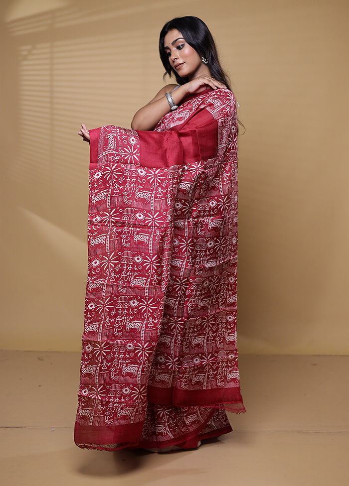 Maroon Printed Pure Silk Saree Without Blouse Piece