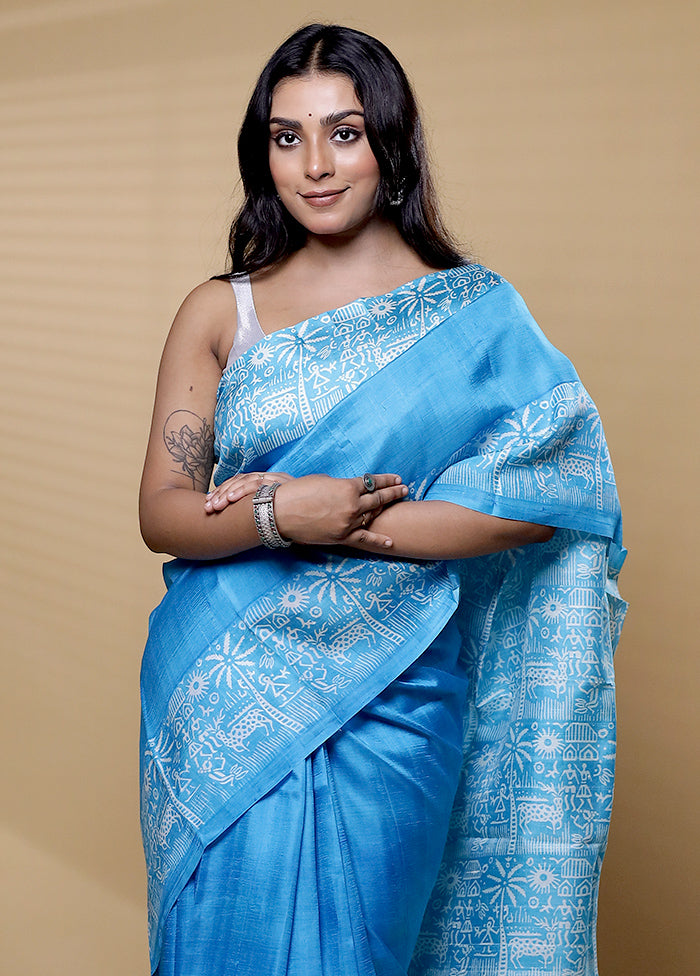 Blue Printed Pure Silk Saree Without Blouse Piece