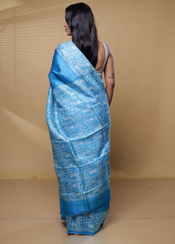 Blue Printed Pure Silk Saree Without Blouse Piece