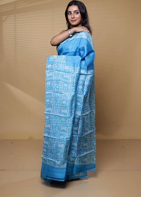 Blue Printed Pure Silk Saree Without Blouse Piece