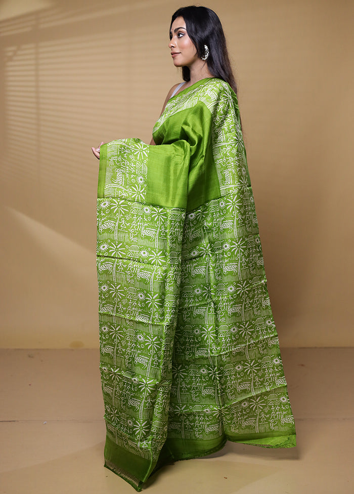 Green Printed Pure Silk Saree Without Blouse Piece