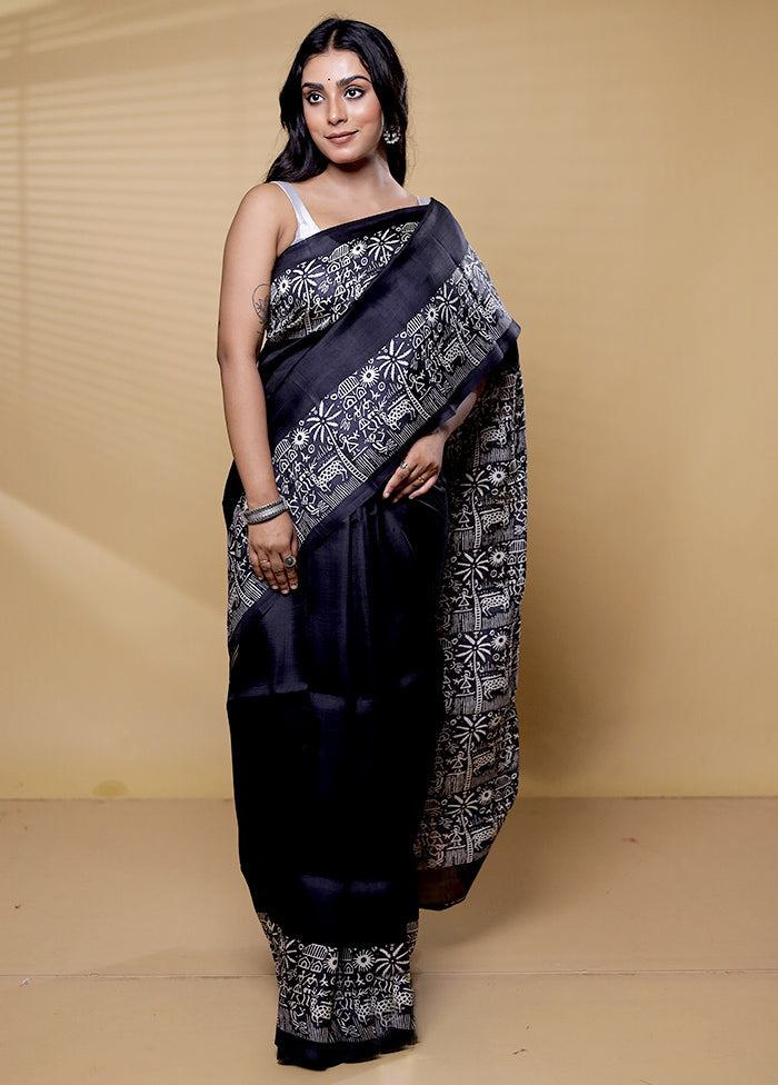 Black Printed Pure Silk Saree Without Blouse Piece