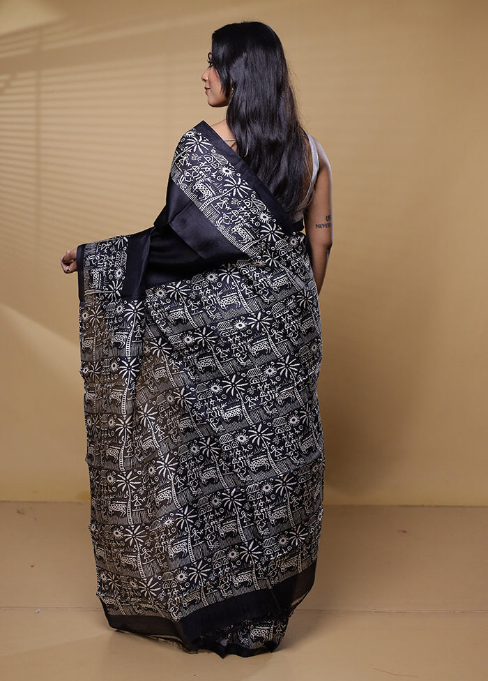 Black Printed Pure Silk Saree Without Blouse Piece