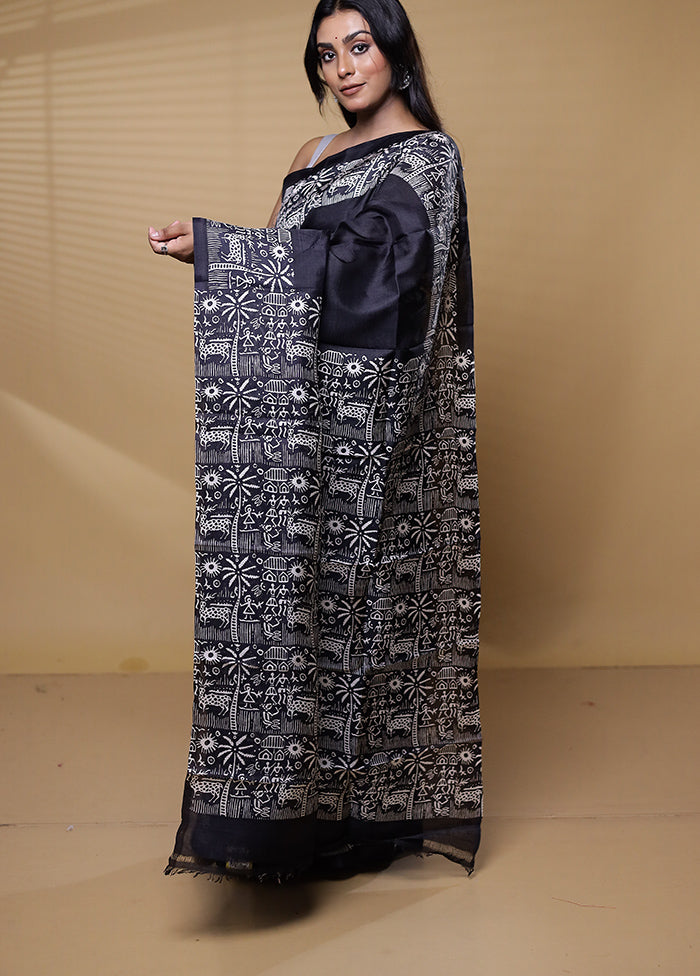 Black Printed Pure Silk Saree Without Blouse Piece