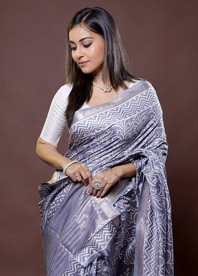 Grey Chanderi Cotton Saree With Blouse Piece