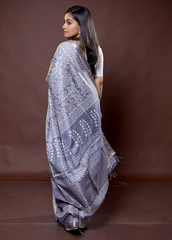 Grey Chanderi Cotton Saree With Blouse Piece