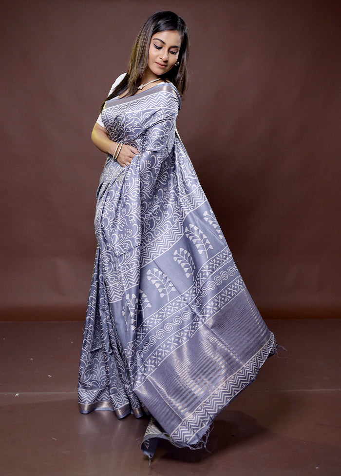 Grey Chanderi Cotton Saree With Blouse Piece