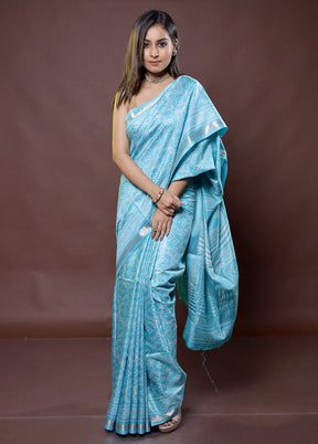 Blue Chanderi Cotton Saree With Blouse Piece