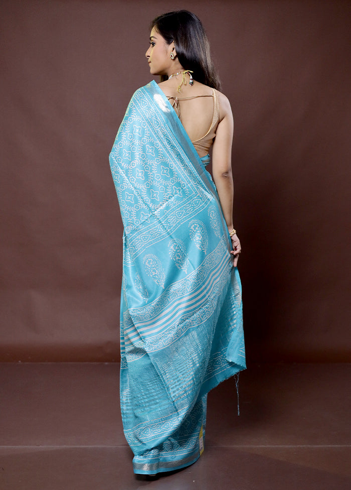 Blue Chanderi Cotton Saree With Blouse Piece