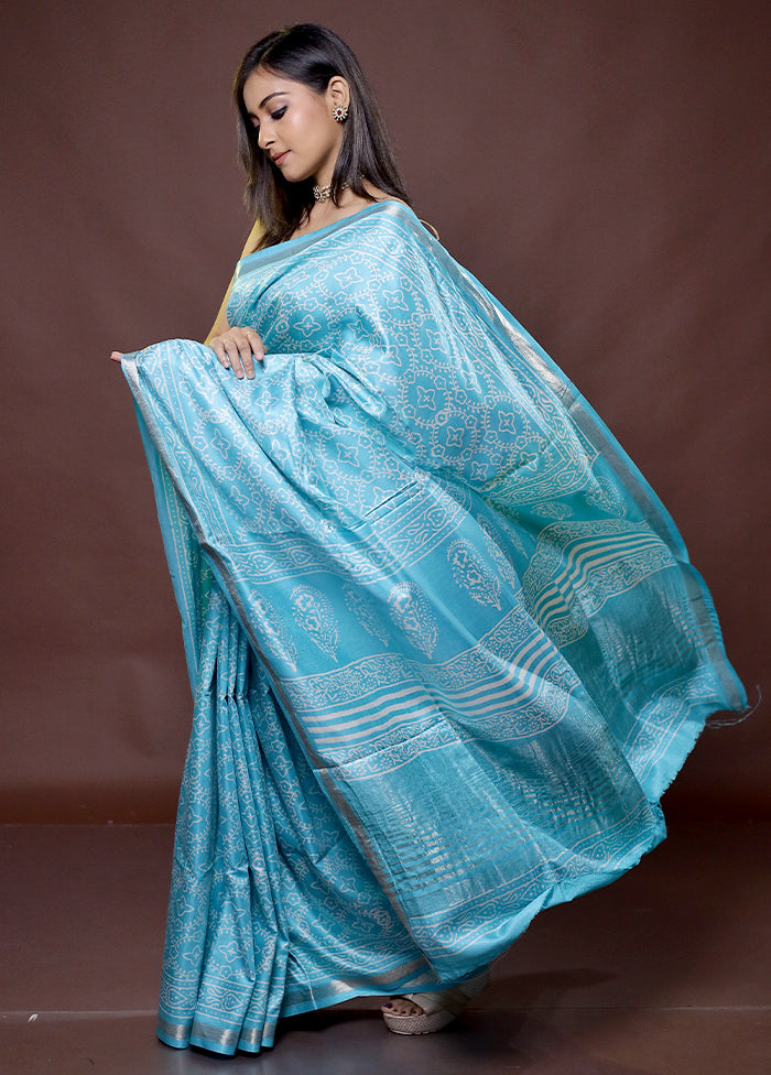 Blue Chanderi Cotton Saree With Blouse Piece