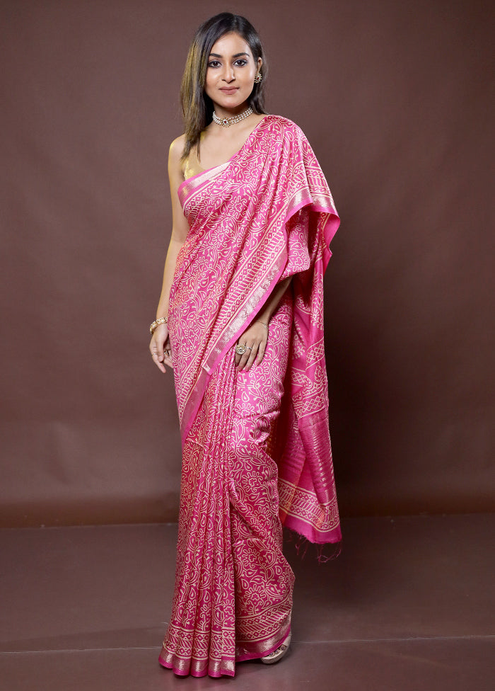 Pink Chanderi Cotton Saree With Blouse Piece