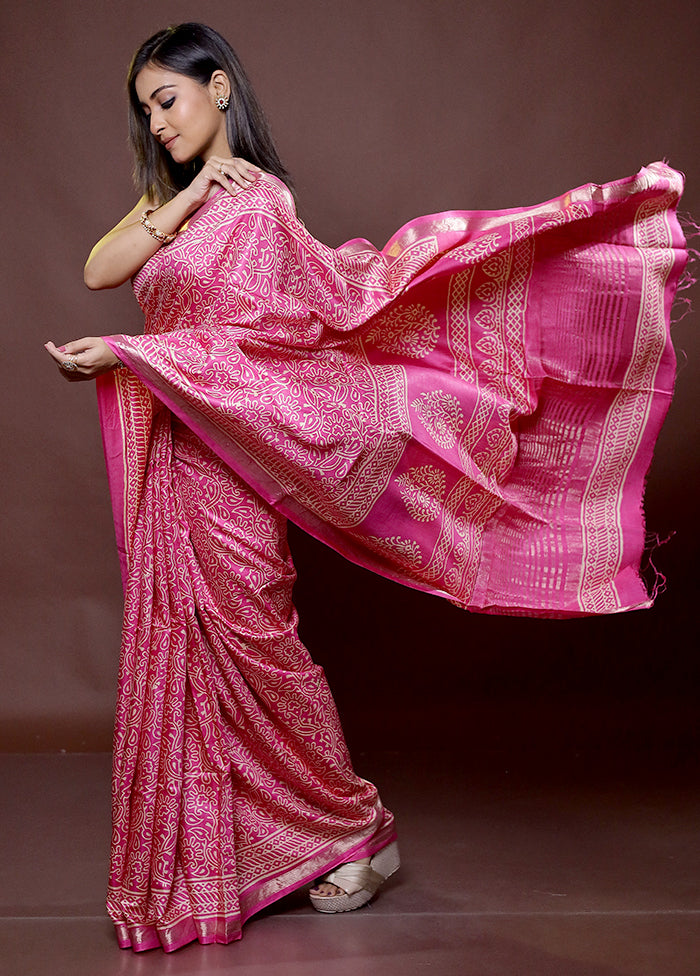 Pink Chanderi Cotton Saree With Blouse Piece