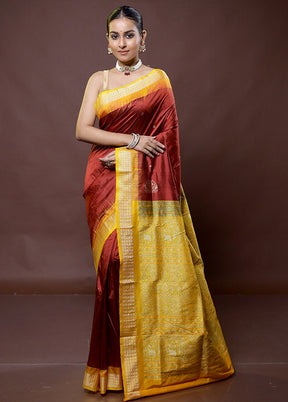 Maroon Handloom Bomkai Pure Silk Saree With Blouse Piece