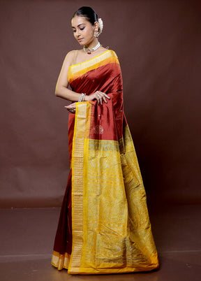 Maroon Handloom Bomkai Pure Silk Saree With Blouse Piece