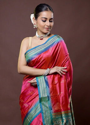 Pink Handloom Bomkai Pure Silk Saree With Blouse Piece