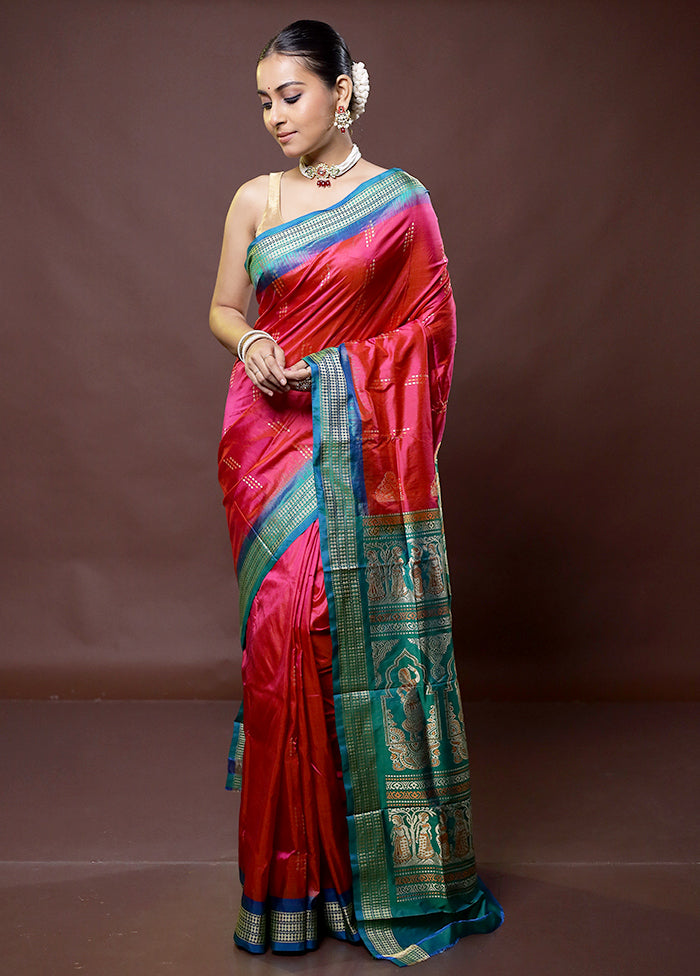 Pink Handloom Bomkai Pure Silk Saree With Blouse Piece