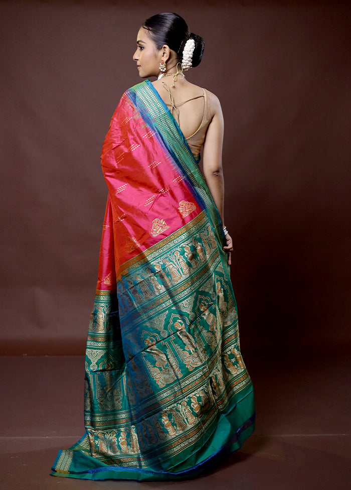 Pink Handloom Bomkai Pure Silk Saree With Blouse Piece