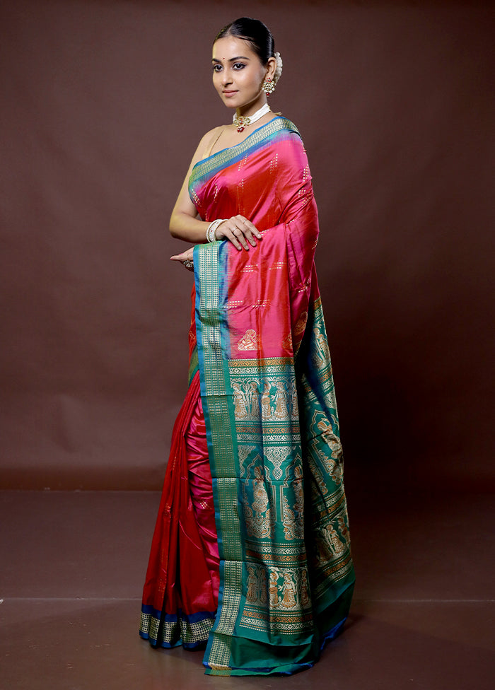 Pink Handloom Bomkai Pure Silk Saree With Blouse Piece