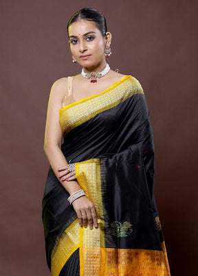 Black Handloom Bomkai Pure Silk Saree With Blouse Piece