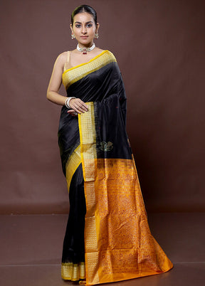 Black Handloom Bomkai Pure Silk Saree With Blouse Piece