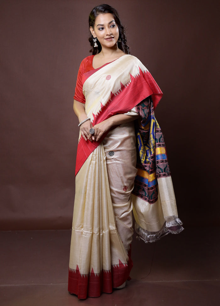 Cream Handloom Tussar Pure Silk Saree With Blouse Piece