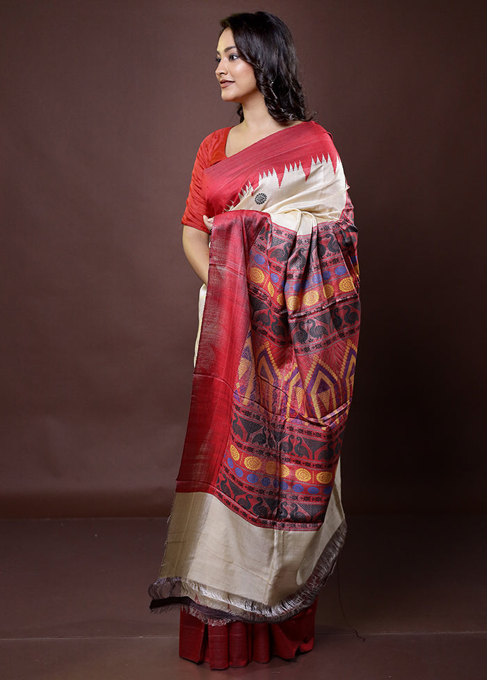 Cream Handloom Tussar Pure Silk Saree With Blouse Piece