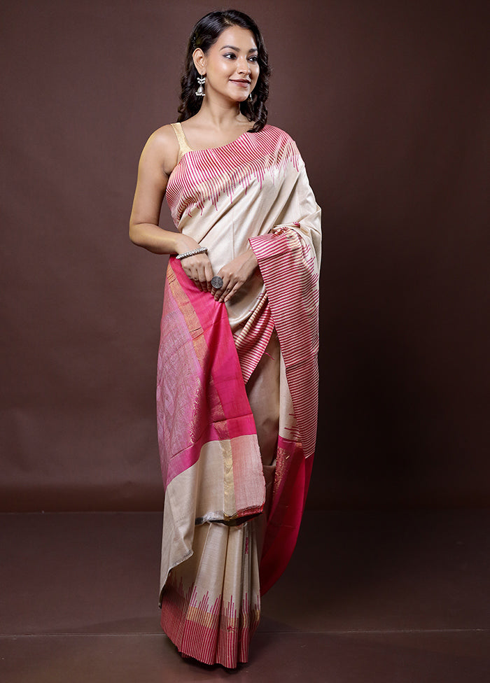 Cream Handloom Tussar Pure Silk Saree With Blouse Piece