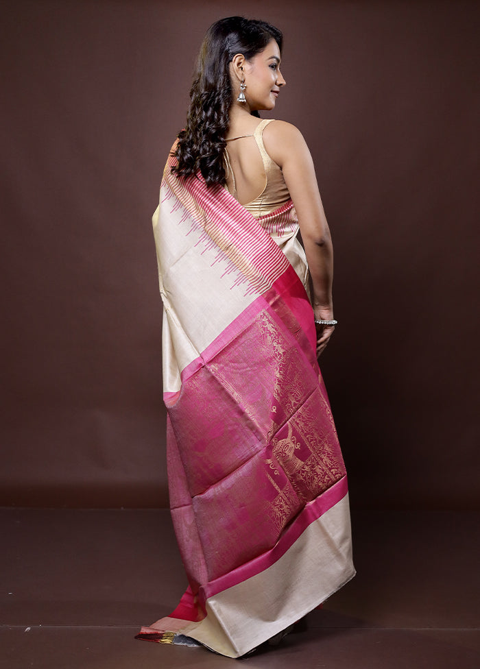 Cream Handloom Tussar Pure Silk Saree With Blouse Piece