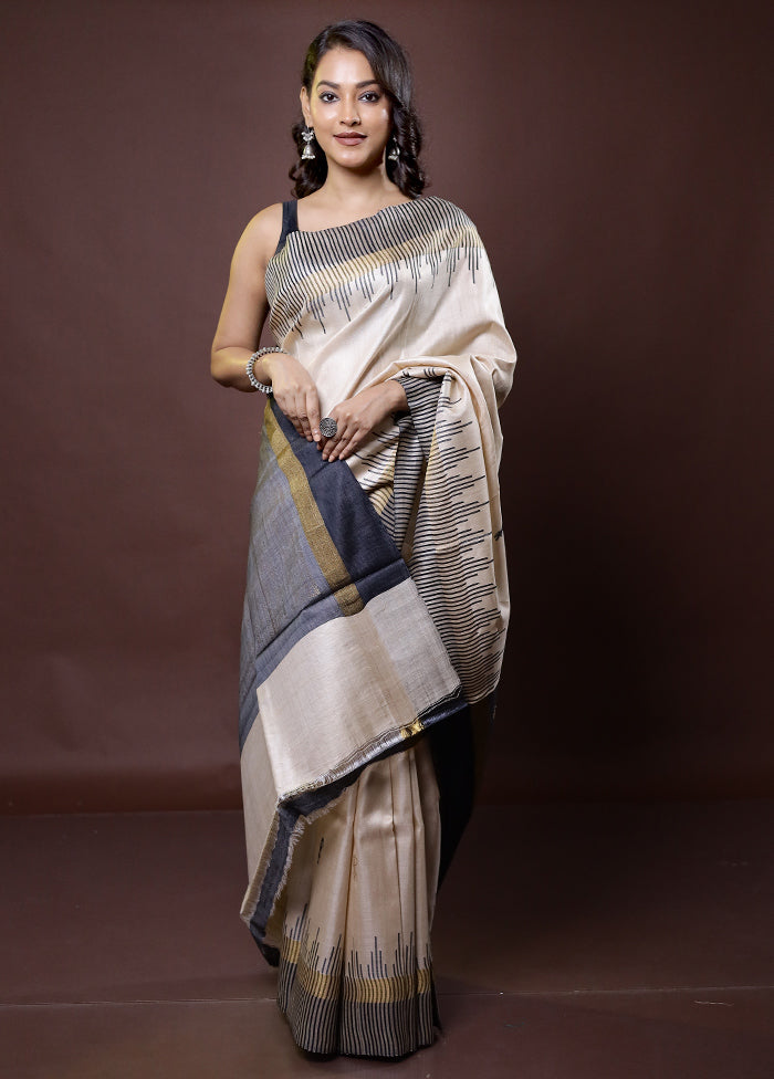 Cream Handloom Tussar Pure Silk Saree With Blouse Piece