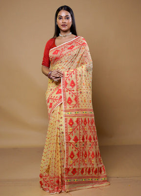 Cream Tant Jamdani Saree Without Blouse Piece