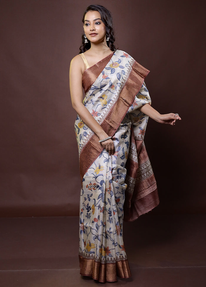 Cream Tussar Silk Saree With Blouse Piece