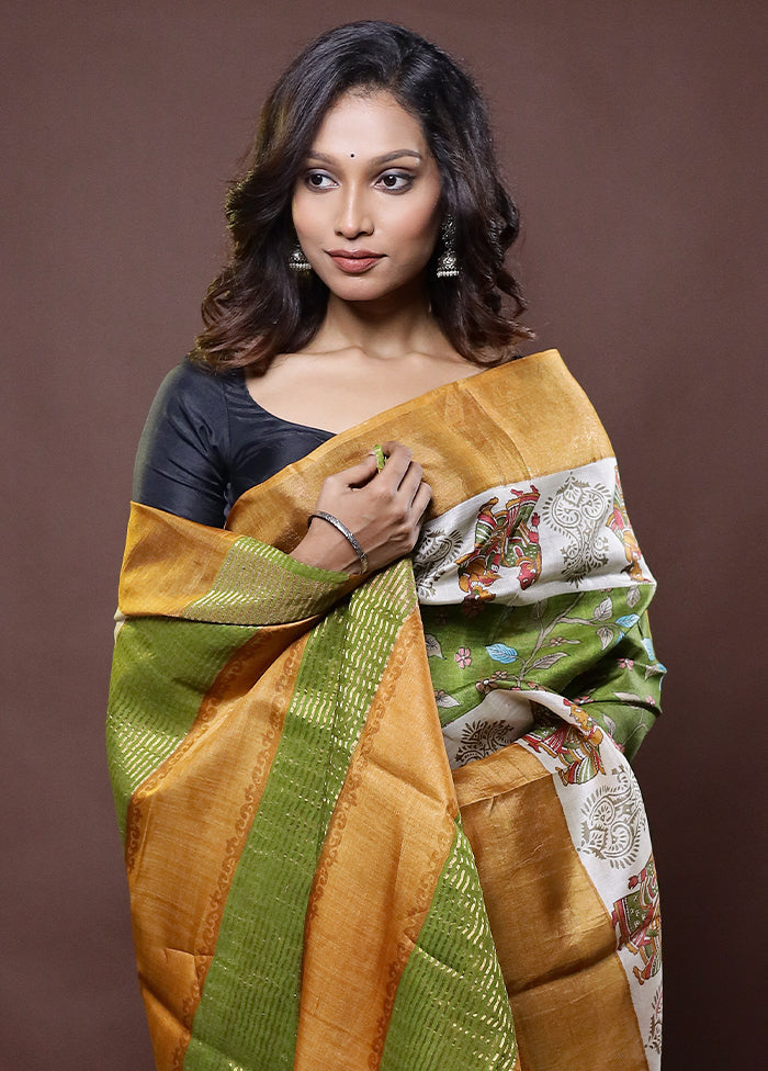 Green Tussar Silk Saree With Blouse Piece