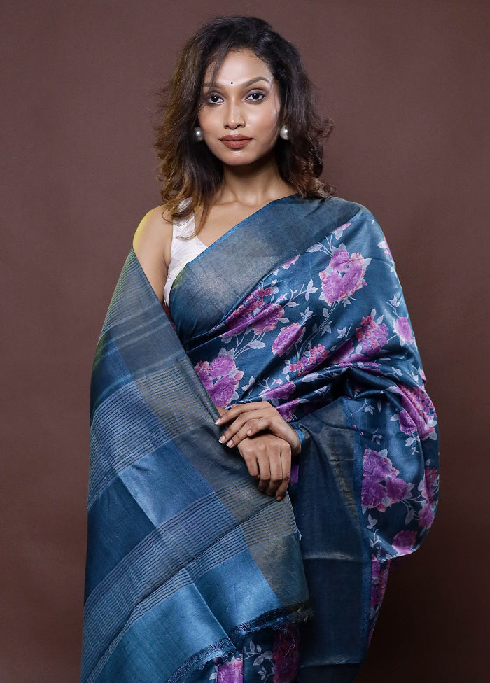 Blue Tussar Silk Saree With Blouse Piece