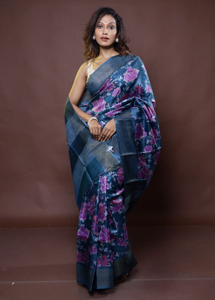 Blue Tussar Silk Saree With Blouse Piece