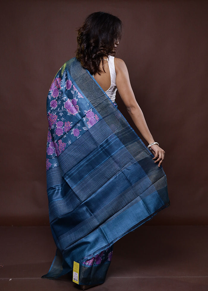 Blue Tussar Silk Saree With Blouse Piece